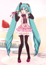 Rule 34 | 1girl, adapted costume, aqua eyes, aqua hair, aqua nails, arm warmers, bad id, bad pixiv id, bare shoulders, bow, cake, dress, drill hair, food, fork, fruit, hatsune miku, highres, in food, legs, long hair, microphone, mini person, minigirl, nail polish, on plate, open mouth, pastry, pointing, smile, solo, strawberry, thighhighs, twintails, usashiro mani, very long hair, vocaloid, zettai ryouiki