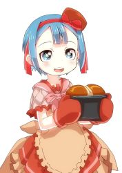 Rule 34 | 1boy, alternate costume, apron, baking, blue eyes, blue hair, blush, bow, bread, capelet, collar, cooking, dress, food, frilled capelet, frills, hairband, hat, highres, made in abyss, male focus, maruruk, mini hat, open mouth, oven mitts, pink bow, pink collar, simple background, solo, trap, white background, ximu shilang