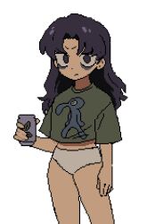 Rule 34 | 1girl, annoyed, bags under eyes, bold and brash (spongebob squarepants), brandon (badger g), can, crop top, drink can, green shirt, highres, holding, holding can, katsuragi misato, legs, long hair, looking at viewer, neon genesis evangelion, panties, pixel art, purple eyes, purple hair, shirt, simple background, solo, spongebob squarepants (series), underwear, white background, white panties