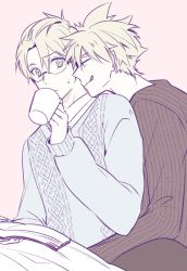 Rule 34 | 2boys, :q, blanket, blonde hair, blue sweater, blush, book, brown pants, brown sweater, cup, dual persona, eye contact, fate/grand order, fate (series), glasses, green eyes, hair between eyes, holding, holding book, holding cup, hug, jekyll and hyde (fate), looking at another, male focus, miyamakoume, multiple boys, open book, pale color, pants, pink background, selfcest, short hair, simple background, spiked hair, sweatdrop, sweater, tongue, tongue out, upper body, yaoi