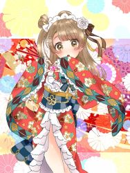 Rule 34 | 10s, 1girl, :o, artist request, blush, bow, brown eyes, brown hair, dochizame-chan (araburumochi), eyebrows, floral background, floral print, flower, frills, grey hair, hair bow, hair flower, hair ornament, hairpin, heart, heart hands, japanese clothes, kimono, looking at viewer, love live!, love live! school idol festival, love live! school idol project, maid headdress, minami kotori, obi, one side up, ribbon, rose, sash, solo, striped ribbon, tassel, white bow, white flower, white rose, wide sleeves