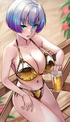 Rule 34 | a.i. voice, absurdres, against railing, alcohol, bare arms, beer, bikini, blue eyes, blue hair, blurry, blurry background, breasts, cleavage, collarbone, commentary request, cup, depth of field, earrings, feet out of frame, gold bikini, gradient hair, green nails, highres, holding, holding cup, jewelry, large breasts, leaning, looking at viewer, multicolored hair, nail polish, navel, open mouth, purple hair, railing, shirt, short hair, swimsuit, tenneko yuuri, two-tone hair, unoka