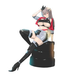 Rule 34 | 1girl, absurdres, azur lane, black footwear, black gloves, boots, breasts, closed mouth, cosplay, gloves, grey hair, hair ornament, hand on own head, high heel boots, high heels, highres, huge breasts, long hair, looking at viewer, prinz eugen (azur lane), prinz eugen (azur lane) (cosplay), prinz eugen (final lap) (azur lane), red eyes, saint-louis (azur lane), shorts, sitting, solo, thigh boots, thighhighs, underboob, wheel, white background, white shorts, xiao huanggua