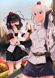 Rule 34 | 2girls, absurdres, ahoge, animal ears, bad id, bad pixiv id, bare shoulders, bird wings, black hair, black skirt, black wings, breasts, bridal gauntlets, detached sleeves, frilled skirt, frills, hand in own hair, hat, highres, huge filesize, inubashiri momiji, large breasts, medium breasts, medium skirt, mountain, multiple girls, nature, notebook, outdoors, pointy ears, pom pom (clothes), red eyes, ribbon-trimmed sleeves, ribbon trim, shameimaru aya, shirokaba114, shirt, short hair, silver hair, skirt, sleeveless, sleeveless shirt, sword, tail, tokin hat, touhou, tree, turtleneck, weapon, white shirt, wings, wolf ears, wolf tail