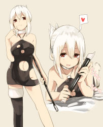Rule 34 | 1girl, bad id, bad pixiv id, breasts, character request, cleavage, collar, collarbone, flute, folded ponytail, highres, instrument, long hair, lying, muchi maro, multiple views, on stomach, recorder, red eyes, simple background, smile, v, white hair