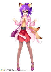 Rule 34 | 10s, animal ears, armcho, bag, fox (trickster), fox ears, fox tail, full body, glasses, multiple tails, pantyhose, ponytail, purple hair, skirt, solo, standing, tail, trickster (ntreev soft)