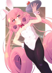 Rule 34 | 1girl, animal ears, bare shoulders, black pantyhose, bow, bowtie, covered navel, curly hair, detached collar, drink, fake animal ears, flat chest, hand on own hip, highres, leotard, long hair, neneka (princess connect!), pantyhose, pink eyes, pink hair, playboy bunny, pointy ears, princess connect!, rabbit ears, solo, strapless, strapless leotard, sw (taco), tray, white leotard, wrist cuffs