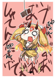 Rule 34 | 1girl, beads, blonde hair, candy, chibi, chocolate, chocolate bar, facial mark, fang, fate/grand order, fate (series), food, horns, ibaraki douji (fate), japanese clothes, jumping, kimono, long hair, long sleeves, oni horns, solo, tears, wide sleeves, yume (i think.)