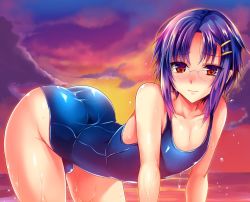 Rule 34 | 1boy, all fours, androgynous, ass, blush, brown eyes, bulge, cloud, crossdressing, glasses, hair ornament, hairclip, male focus, ocean, one-piece swimsuit, original, purple hair, school swimsuit, shimaji, sky, solo, sunset, swimsuit, trap, water