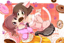Rule 34 | 10s, 2girls, animal ears, bad id, bad pixiv id, bare shoulders, blush, breasts squeezed together, breasts, brown hair, cat ears, cat tail, cheek-to-cheek, cleavage, clothes tug, collarbone, doughnut, fang, food, green eyes, hair ornament, hair scrunchie, heads together, idolmaster, idolmaster cinderella girls, kemonomimi mode, long hair, long sleeves, maekawa miku, mouth hold, multiple girls, off shoulder, open clothes, open vest, paw print, plaid, ponytail, purple eyes, scrunchie, shared food, shiina noriko, shirt, short hair, skirt, sweater, sweater tug, tail, usoneko, vest