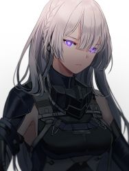 Rule 34 | 1girl, ak-15 (girls&#039; frontline), armor, bare shoulders, braid, breasts, closed mouth, gas mask, girls&#039; frontline, glowing, glowing eyes, gradient background, grey background, hair over one eye, headset, long hair, looking at viewer, mask, medium breasts, purple eyes, shoulder guard, silence girl, silver hair, simple background, sleeveless, solo, upper body, white background