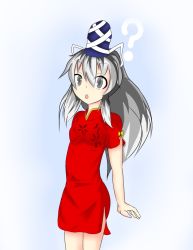 Rule 34 | 1girl, :o, ?, alternate costume, china dress, chinese clothes, dress, gradient background, grey eyes, hat, looking at viewer, mononobe no futo, oogi (nolezzi), ponytail, short hair, silver hair, simple background, solo, tate eboshi, touhou