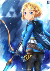 Rule 34 | 1girl, ass, blonde hair, blue eyes, bow (weapon), breasts, cape, chinchongcha, fingerless gloves, from behind, gloves, highres, huge ass, large breasts, looking at viewer, looking back, nintendo, open mouth, pants, pointy ears, princess zelda, shiny clothes, short hair, sideboob, solo, the legend of zelda, the legend of zelda: breath of the wild, the legend of zelda: tears of the kingdom, weapon
