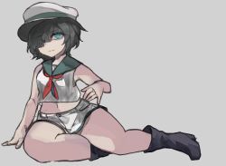 Rule 34 | 1girl, adapted costume, aqua eyes, bare arms, black footwear, black hair, boots, eyepatch, full body, grey background, hair over one eye, hat, highres, light smile, looking at viewer, midriff, mikomo0106, murasa minamitsu, navel, neckerchief, sailor collar, shirt, short hair, shorts, simple background, sitting, solo, thighs, touhou