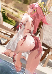 Rule 34 | 1girl, anklet, arched back, artist name, ass, bare legs, barefoot, bikini, breasts, detached sleeves, feet, from behind, genshin impact, hair ornament, halterneck, jewelry, large breasts, long hair, long sleeves, looking back, pink hair, poolside, red bikini, side-tie bikini bottom, soles, solo, string bikini, swimsuit, sydus, very long hair, water, wet, yae miko
