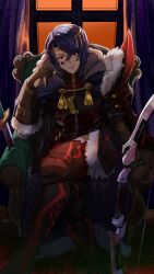 Rule 34 | 1boy, absurdres, alcryst (fire emblem), armor, asymmetrical hair, blood, blood on face, blue hair, bow (weapon), buckle, chair, circlet, closed mouth, crossed legs, elbow gloves, fire emblem, fire emblem engage, fur trim, gloves, gold trim, highres, jin (funaki gen), looking at viewer, male focus, nintendo, on chair, red eyes, short hair, sitting, solo, weapon, window