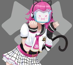 Rule 34 | 1girl, absurdres, animal ear headphones, animal ears, animal print, arm warmers, artist name, artist request, belt, black sailor collar, blunt bangs, blush, breasts, cat ear headphones, cat print, cat tail, checkered clothes, checkered skirt, clenched hands, collarbone, crown print, dokipipo emotion, dokipipo emotion (love live!), fake animal ears, female focus, flat chest, grey background, hair ornament, head-mounted display, headphones, heart, heart (symbol), heart print, highres, looking at viewer, love live!, love live! nijigasaki high school idol club, love live! school idol festival, mask, miniskirt, neckerchief, necktie, parted lips, pink belt, pink hair, pink neckerchief, pink necktie, plaid, plaid skirt, pleated, pleated skirt, puffy short sleeves, puffy sleeves, sailor collar, screen, shirt, short hair, short sleeves, skirt, small breasts, smile, solo, star (symbol), star hair ornament, star print, striped, striped sleeves, suspenders, tail, tennoji rina, white shirt, white skirt