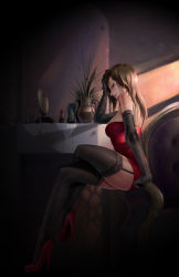 Rule 34 | 1girl, absurdres, arm support, bad id, bad pixiv id, black gloves, breasts, brown hair, colin hugo, crossed legs, dress, from side, garter straps, gloves, hand in own hair, hand up, high heels, highres, indoors, large breasts, league of legends, long hair, miss fortune (league of legends), red dress, red footwear, sitting, smile, solo, strapless, strapless dress, table, thighhighs