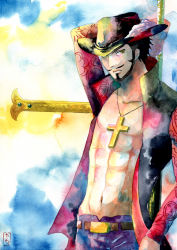 Rule 34 | 1boy, abs, belt, black hair, chinstrap, dracule mihawk, facial hair, hat, highres, jacket, jewelry, lining, male focus, muscular, mustache, necklace, one piece, open clothes, open jacket, open shirt, shirt, solo, standing, sword, traditional media, weapon, yellow eyes, yoru (one piece)