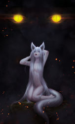 Rule 34 | 1girl, alqmia, animal ears, arm behind head, arms up, breasts, cleavage, commentary, completely nude, crying, dark, elin, eye focus, fangs, fog, fox ears, fox tail, hair between eyes, hair over breasts, hand on own head, highres, kneeling, light particles, long hair, looking away, looking up, navel, nude, open mouth, plantar flexion, purple eyes, slit pupils, solo focus, tail, tera online, very long hair, white hair, yellow eyes
