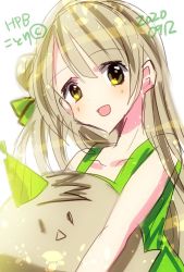 Rule 34 | 1girl, artist name, artist request, bare shoulders, blush, brown eyes, brown hair, collarbone, dress, female focus, green dress, grey hair, holding, light brown hair, long hair, looking at viewer, love live!, love live! school idol festival, love live! school idol project, minami kotori, minami kotori (bird), parted lips, smile, solo, white background