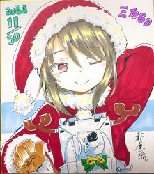Rule 34 | 1girl, ;), alternate headwear, antlers, arm behind head, arm up, artist name, bell, bow, brown eyes, brown gloves, brown hair, bt-42, character name, christmas, closed mouth, commentary request, dated, girls und panzer, gloves, green bow, hat, highres, horns, jingle bell, long hair, long sleeves, looking at viewer, marker (medium), mika (girls und panzer), military, military vehicle, miyao ryuu, motor vehicle, one eye closed, red hat, reindeer antlers, santa costume, santa hat, scan, signature, smile, solo, tank, traditional media, translated, upper body