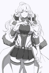 Rule 34 | 1girl, ahoge, belt, breasts, closed mouth, earrings, epaulettes, fur jacket, greyscale, hand on own chest, highres, jacket, jewelry, large breasts, long hair, looking at viewer, missouri (warship girls r), monochrome, pleated skirt, shingyou (alexander-13), simple background, skirt, smile, solo, star (symbol), star earrings, swept bangs, warship girls r, white background