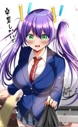Rule 34 | 1girl, blue jacket, blurry, blurry background, blush, breasts, buttons, collared shirt, corrupted twitter file, falling petals, green eyes, hair ornament, highres, jacket, large breasts, necktie, open mouth, original, petals, plaid, plaid skirt, purple hair, red necktie, ryopa, school uniform, shirt, skirt, tearing up, twintails, white shirt