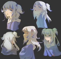 Rule 34 | 1girl, back, blue eyes, blue hair, blush, chunkyeggy, clenched teeth, crossed arms, gawr gura, grey background, grey hair, half-closed eyes, highres, hololive, hololive english, hood, hood down, hoodie, long hair, looking up, multicolored hair, multiple views, open mouth, profile, short twintails, simple background, streaked hair, sweat, teeth, twintails, upper body, virtual youtuber