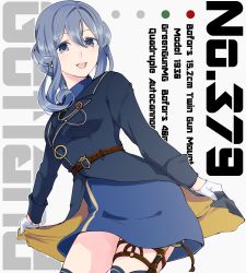 Rule 34 | 1girl, blue eyes, blue hair, blue sailor collar, blue skirt, character name, collared shirt, commentary request, gloves, gotland (kancolle), gotland andra (kancolle), hair between eyes, hair bun, half gloves, kantai collection, kouga (mutsumi), long hair, long sleeves, looking at viewer, military, military uniform, mole, mole under eye, necktie, sailor collar, shirt, simple background, single hair bun, skirt, solo, thigh strap, thighhighs, uniform, white background, white gloves