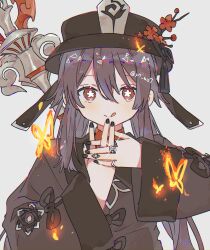 Rule 34 | 1girl, black nails, brown coat, brown hair, brown hat, bug, butterfly, coat, fire, flower, flower-shaped pupils, genshin impact, hair flaps, hat, hat flower, highres, hu tao (genshin impact), insect, jewelry, long hair, long sleeves, low twintails, multiple rings, porkpie hat, red eyes, red flower, ring, sidelocks, solo, sparkle, staff of homa (genshin impact), symbol-shaped pupils, talisman, tassel, twintails, upper body, very long hair, yayoripain