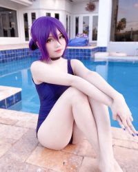 Rule 34 | 1girl, chainsaw man, chinese (nationality), choker, cosplay, female focus, highres, nail polish, pool, purple nails, reze (chainsaw man), reze (chainsaw man) (cosplay), saikoluv, sitting, swimsuit, thighs