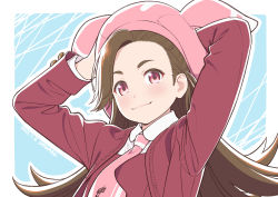 Rule 34 | 1girl, animal ears, animal hat, arms behind head, arms up, blue background, blush, brown hair, brown jacket, closed mouth, collared shirt, commentary request, copyright request, fake animal ears, forehead, hat, highres, jacket, long hair, looking at viewer, open clothes, open jacket, outline, pink hat, pink neckwear, red eyes, shirt, shiwasu takashi, smile, solo, thick eyebrows, two-tone background, upper body, virtual youtuber, white background, white outline, white shirt
