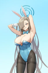 Rule 34 | 1girl, angcha, arms up, asuna (blue archive), asuna (bunny) (blue archive), black pantyhose, blue archive, blue background, blue leotard, breasts, highres, large breasts, leotard, light brown hair, long hair, looking at viewer, pantyhose, simple background, solo