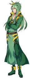 Rule 34 | 1boy, belt, boots, brown belt, choker, creatures (company), crossed arms, full body, game freak, gen 5 pokemon, green choker, green hair, green thighhighs, hair between eyes, katagiri hachigou, long hair, long sleeves, male focus, nintendo, pectoral cleavage, pectorals, personification, pokemon, red eyes, serperior, simple background, solo, thigh boots, thighhighs, white background