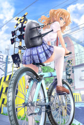 Rule 34 | 1girl, absurdres, ahoge, bag, bicycle, blouse, blue skirt, blue sky, blurry, blush, breasts, building, charm (object), day, depth of field, from behind, fumikiri jikan, highres, loafers, long hair, looking at viewer, looking back, necktie, official art, original, outdoors, outline, plaid, plaid skirt, pleated skirt, railroad crossing, red necktie, riding, sato yoshimi, school bag, school uniform, shirt, shoes, short sleeves, shoulder bag, sidelocks, skirt, sky, smile, solo, thighhighs, white shirt, white thighhighs, zettai ryouiki