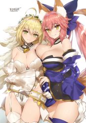 Rule 34 | 10s, 2girls, ahoge, animal ears, artist name, asymmetrical docking, bare shoulders, blonde hair, blue bow, blue thighhighs, bow, breast press, breasts, bridal veil, chain, cleavage, detached collar, detached sleeves, fate/extra, fate/extra ccc, fate/grand order, fate (series), flower wreath, fox ears, fox girl, fox tail, garter straps, gloves, green eyes, hair between eyes, hair bow, highres, japanese clothes, large bow, large breasts, leotard, lock, long hair, looking at viewer, multiple girls, nero claudius (bride) (fate), nero claudius (bride) (second ascension) (fate), nero claudius (fate), nero claudius (fate) (all), padlock, pink hair, puffy sleeves, short hair with long locks, signature, simple background, smile, tail, tamamo no mae (fate/extra), thigh gap, thighhighs, thighs, veil, white background, white gloves, white legwear, white leotard, wide sleeves, yaman (yamanta lov), yellow eyes
