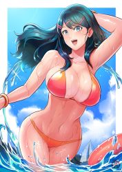 Rule 34 | 1girl, alternate costume, arm up, bare shoulders, bikini, blue eyes, blue hair, blue sky, boat, bracelet, breasts, cloud, collarbone, curvy, fire emblem, fish, hair ornament, hairclip, highres, jewelry, large breasts, looking at viewer, navel, nintendo, open mouth, orange bikini, oribe tsubasa, revolverwing, signature, sky, solo, stomach, sunlight, swimsuit, teeth, thighs, tokyo mirage sessions fe, tongue, water, watercraft, wet, wide hips