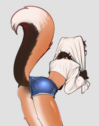 Rule 34 | 1girl, animal nose, arched back, ass, back, blue buruma, body fur, brown fur, brown hair, buruma, cowboy shot, crop top, drying, drying hair, female focus, from behind, furry, furry female, grey background, hand up, holding, holding towel, im hyeong, leaning forward, long sleeves, midriff, multicolored fur, orange fur, original, shiny skin, shirt, short hair, simple background, sketch, snout, solo, standing, tail raised, thighs, towel, wardrobe malfunction, white fur, white shirt