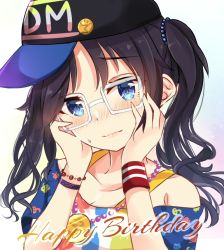 Rule 34 | 1girl, amidada, baseball cap, bead necklace, beads, black hair, black hat, blue eyes, blue shirt, blush, bracelet, breasts, cleavage, closed mouth, collarbone, glasses, hair ornament, hands on own cheeks, hands on own face, hands up, happy birthday, hat, head tilt, idolmaster, idolmaster shiny colors, jewelry, long hair, looking at viewer, mitsumine yuika, necklace, off shoulder, shirt, short sleeves, sidelocks, sideways hat, solo, sweat, twintails, upper body, wavy hair, wavy mouth, white-framed eyewear, wristband