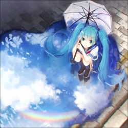 Rule 34 | 1girl, black socks, blue eyes, blue hair, blue ribbon, blue skirt, blue sky, blush, brick floor, cloud, day, from above, full body, hair ribbon, hakusai (tiahszld), hatsune miku, loafers, long hair, looking at viewer, looking up, outdoors, pleated skirt, puddle, rainbow, reflecting pool, reflection, reflective water, ribbon, school uniform, serafuku, shoes, short sleeves, skirt, sky, smile, socks, solo, squatting, twintails, umbrella, very long hair, vocaloid