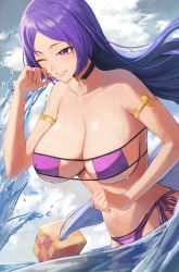 Rule 34 | 1girl, absurdres, armlet, bare shoulders, bikini, blush, breasts, choker, cleavage, collarbone, eyepatch bikini, fate/grand order, fate (series), grin, highres, large breasts, long hair, looking to the side, mature female, minamoto no raikou (fate), minamoto no raikou (fate/grand order), minamoto no raikou (swimsuit lancer) (fate), navel, one eye closed, parted bangs, purple bikini, purple eyes, purple hair, rororo, smile, solo, swimsuit, very long hair