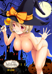 Rule 34 | 10s, 1girl, 2014, blonde hair, breasts, dragon@harry, full moon, halloween, hanging breasts, happy halloween, hat, highres, huge breasts, looking at viewer, moon, nipples, nude, original, red eyes, smile, solo, witch hat, zenra