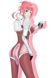 Rule 34 | 00s, 1girl, armor, ass, bodysuit, breasts, female focus, from behind, gloves, hair bun, ken marinaris, large breasts, looking at viewer, open mouth, parted lips, pink eyes, pink hair, seaz, shadow, single hair bun, solo, thighhighs, zone of the enders, zone of the enders 2
