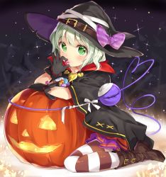 Rule 34 | 1girl, alternate costume, bandages, belt, belt boots, black gloves, blush, boots, bow, brown footwear, candy, candy wrapper, cape, eating, food, gloves, green eyes, green hair, halloween, halloween costume, hat, hat belt, hat bow, heart, izuru, jack-o&#039;-lantern, komeiji koishi, looking at viewer, matching hair/eyes, pink bow, purple skirt, short hair, skirt, sky, solo, star (sky), starry sky, striped bow, striped clothes, striped thighhighs, thighhighs, third eye, touhou, witch hat