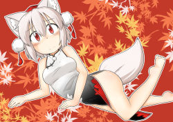Rule 34 | 1girl, alternate costume, animal ears, autumn leaves, bare shoulders, barefoot, blush, breasts, chinese clothes, elu butyo, hat, inubashiri momiji, leaf, leaf background, looking at viewer, pom pom (clothes), red eyes, silver hair, solo, tail, tokin hat, touhou, wavy mouth, wolf ears, wolf tail
