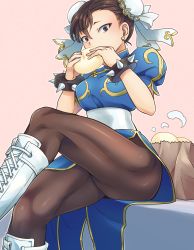 Rule 34 | 1girl, abiko yuuji, blue dress, boots, bracelet, brown eyes, brown hair, brown pantyhose, bun cover, capcom, china dress, chinese clothes, chun-li, cross-laced footwear, double bun, dress, eating, food, food on face, gold trim, hair bun, hands up, highres, holding, jewelry, lace-up boots, looking at viewer, pantyhose, pelvic curtain, pink background, ribbon, sash, short hair, sitting, solo, spiked bracelet, spikes, street fighter, thighs