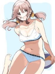 Rule 34 | 1girl, :d, absurdres, ball, barefoot, beach volleyball, bikini, breasts, brown eyes, brown hair, cleavage, collarbone, commentary request, eyes visible through hair, feet, gluteal fold, hair ornament, hair scrunchie, harukana receive, highres, holding, holding ball, looking at viewer, medium breasts, navel, nyoijizai, oozora haruka (harukana receive), open mouth, scrunchie, sidelocks, simple background, sketch, smile, solo, standing, standing on one leg, swimsuit, thigh gap, thighs, toes, twintails, volleyball, volleyball (object), white bikini