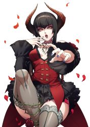 Rule 34 | 1girl, absurdres, bad id, bad twitter id, black hair, black sleeves, breasts, chest tattoo, collarbone, demon horns, detached sleeves, dress, eliza (tekken), eyeliner, flower, highres, horns, houjoh (7th-heaven), invisible chair, lace, lace-trimmed legwear, lace trim, lipstick, looking at viewer, makeup, medium breasts, nail polish, namco, no bra, open mouth, outstretched arm, pale skin, petals, plunging neckline, purple lips, purple nails, red dress, rose, see-through, see-through legwear, short hair with long locks, sitting, slit pupils, solo, spaghetti strap, tattoo, tekken, tekken 7, thighhighs, thighs, thorns, vampire, white background