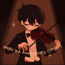 Rule 34 | 1boy, aged down, anniversary, antenna hair, black bow, black bowtie, black hair, black suit, bow, bowtie, closed mouth, collared shirt, formal, hair between eyes, holding, holding instrument, holding violin, instrument, long sleeves, official alternate costume, omori, serious, shirt, short hair, solo, suit, sunny (omori), user yprm7442, violin, white shirt